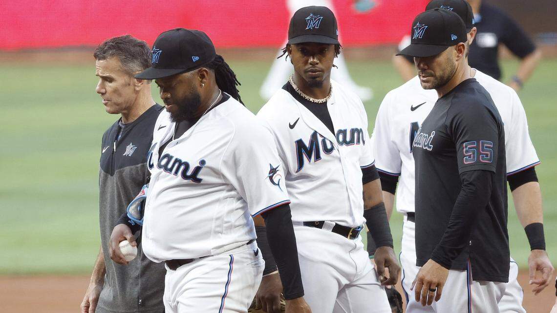 Miami Marlins starting pitcher Johnny Cueto (47) is removed from the game against the Minnesota Twins during the second inning at loanDepot Park on Monday, April 3, 2023.