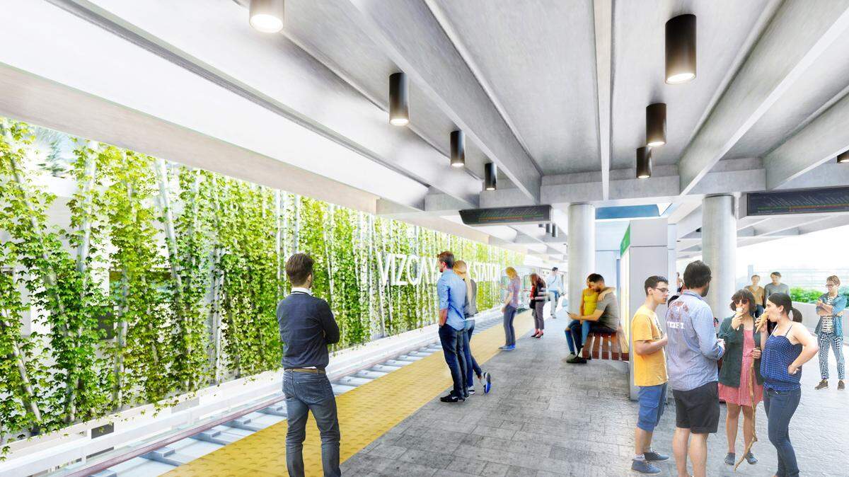 A rendering depicts a refurbished train platform as part of a redevelopment proposal by Rilea Group and partners for the Vizcaya Metrorail station.