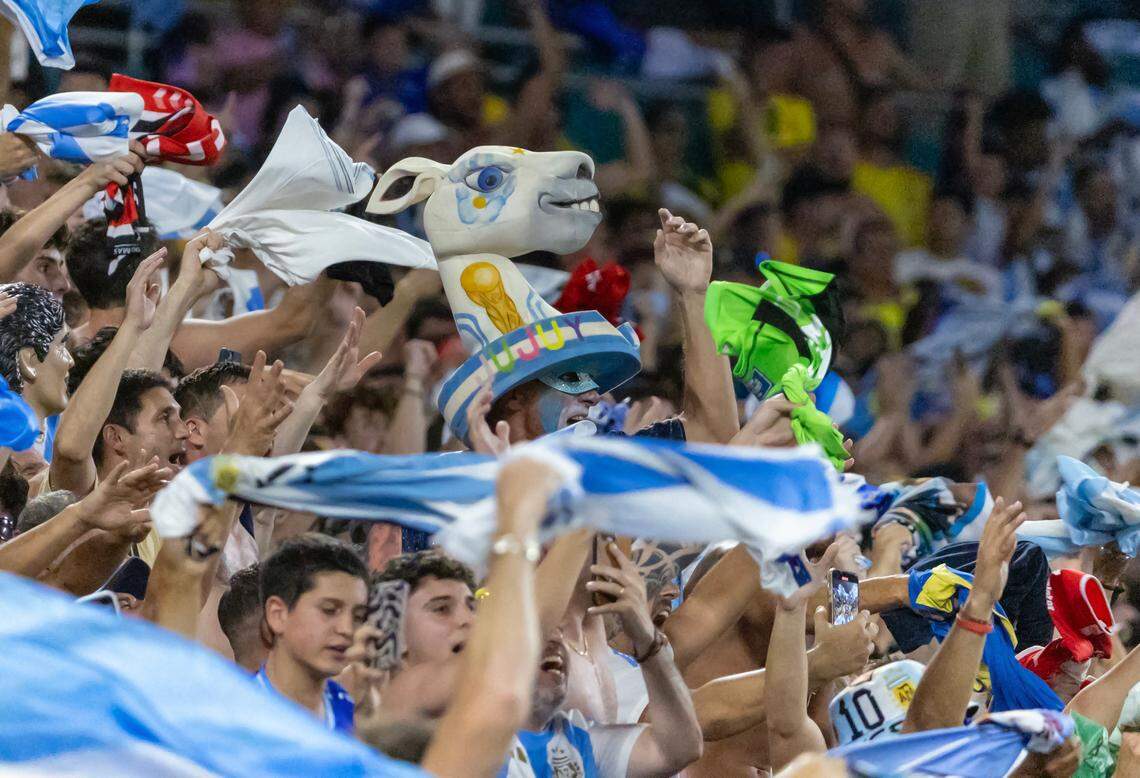 Argentina fans show support after Lautaro Martínez (22) scoring a goal against Colombia in extra time of the Copa America 2024 Final soccer match at Hard Rock Stadium on Sunday, July 14, 2024, in Miami Gardens, Fla.