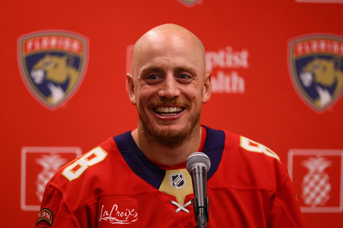 Florida Panthers defenseman Nate Schmidt (88) talks to reporters during media day at Baptist Health IcePlex in Fort Lauderdale, Florida, on Wednesday, September 18, 2024.