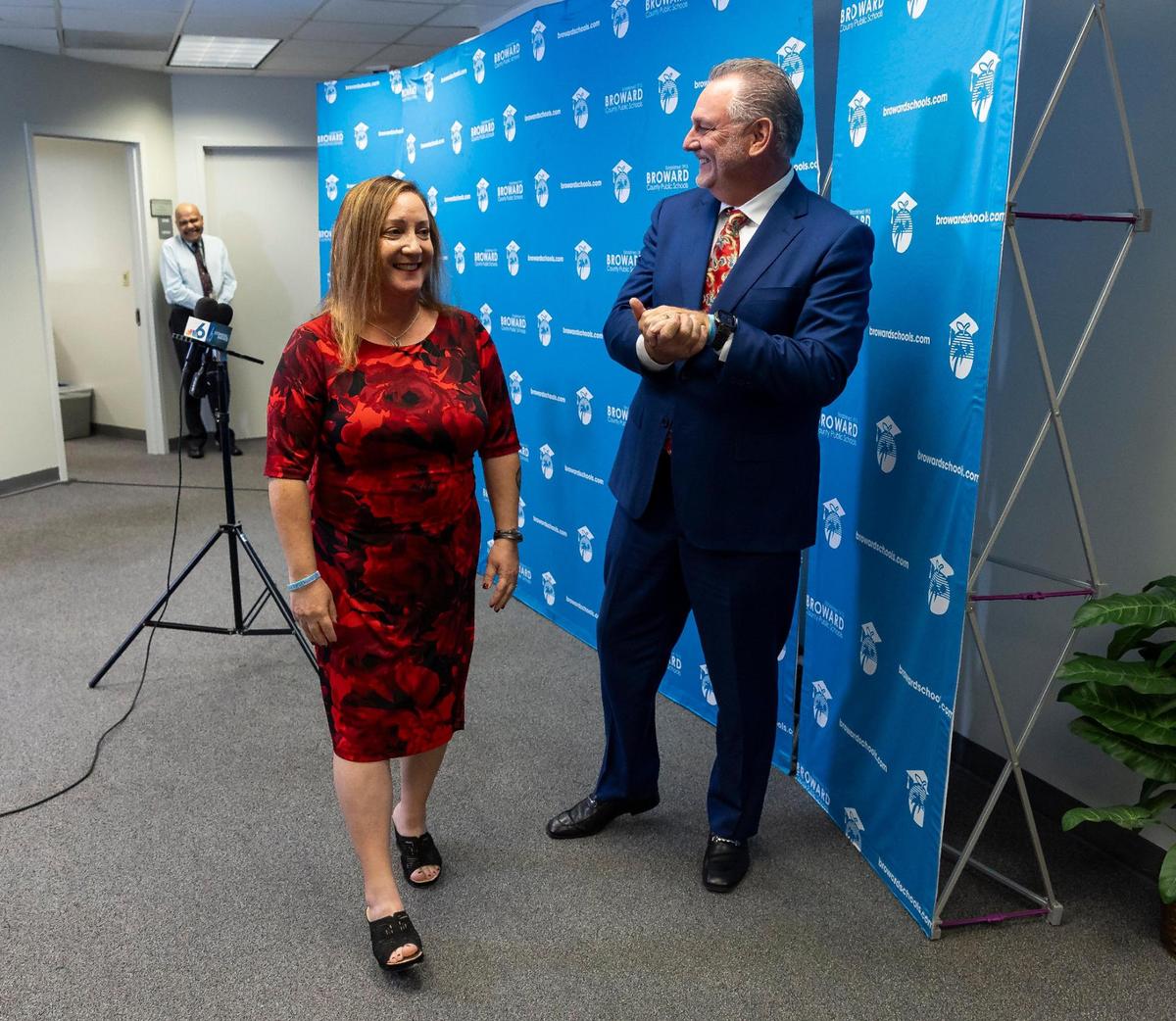 Broward County School Board chair Lori Alhadeff and superintendent Peter Licata leave after speaking in a press conference at the Kathleen C. Wright Building on Tuesday, Nov. 14, 2023, in Fort Lauderdale, Fla.