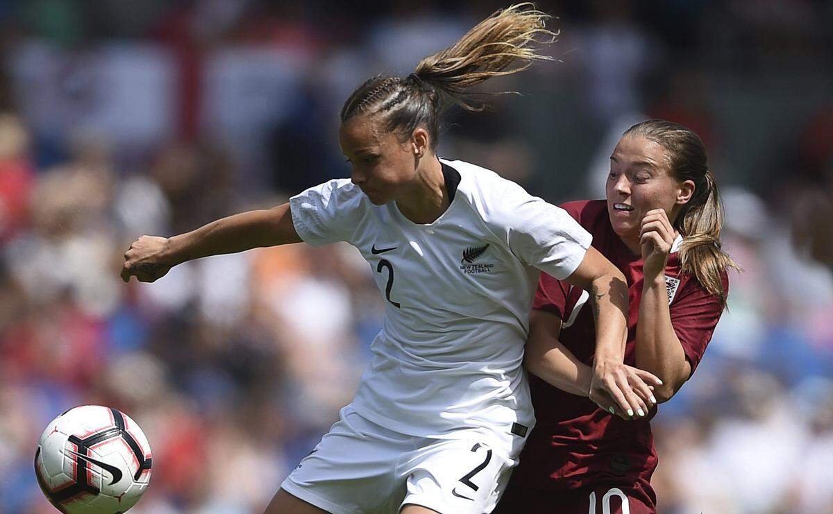 New Zealand’s Ria Percival and England’s Fran Kirby, right, during their women’s International Friendly soccer match at the AMEX Stadium in Brighton, England, Saturday June 1, 2019.