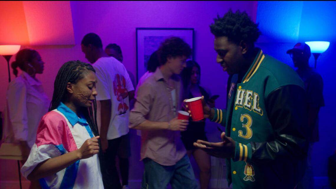 A party scene in young actor-director Kamal Anibello’s short film “Shelle” with actors Leilah Star, left, and Issac Francois.