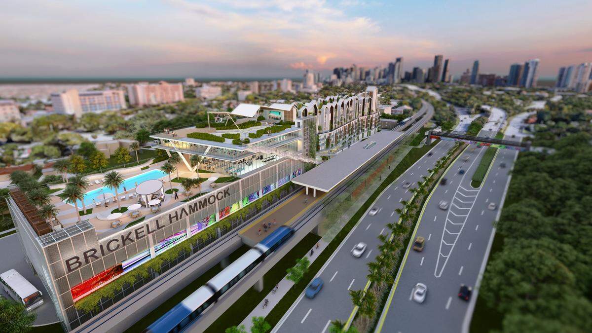 A rendering depicts Housing Trust Group’s redevelopment proposal for the Vizcaya Metrorail Station as seen along South Dixie Highway.