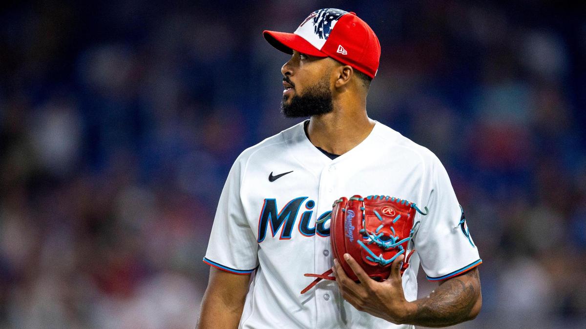 Miami Marlins pitcher Sandy Alcantara (22) reacts after the fourth inning of an MLB game against the Los Angeles Angels at loanDepot park in the Little Havana neighborhood of Miami, Florida, on Tuesday, July 5, 2022.