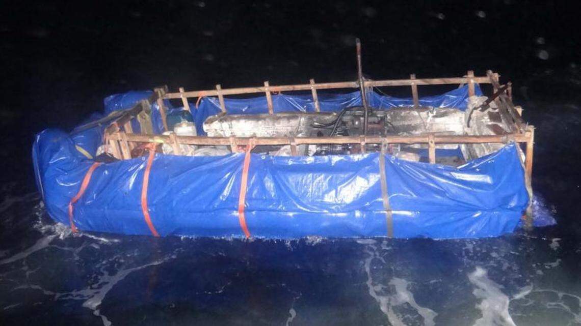 A homemade raft floats in the water off the Keys that was stopped by the Coast Guard carrying Cuban migrants Jan. 7, 2022.