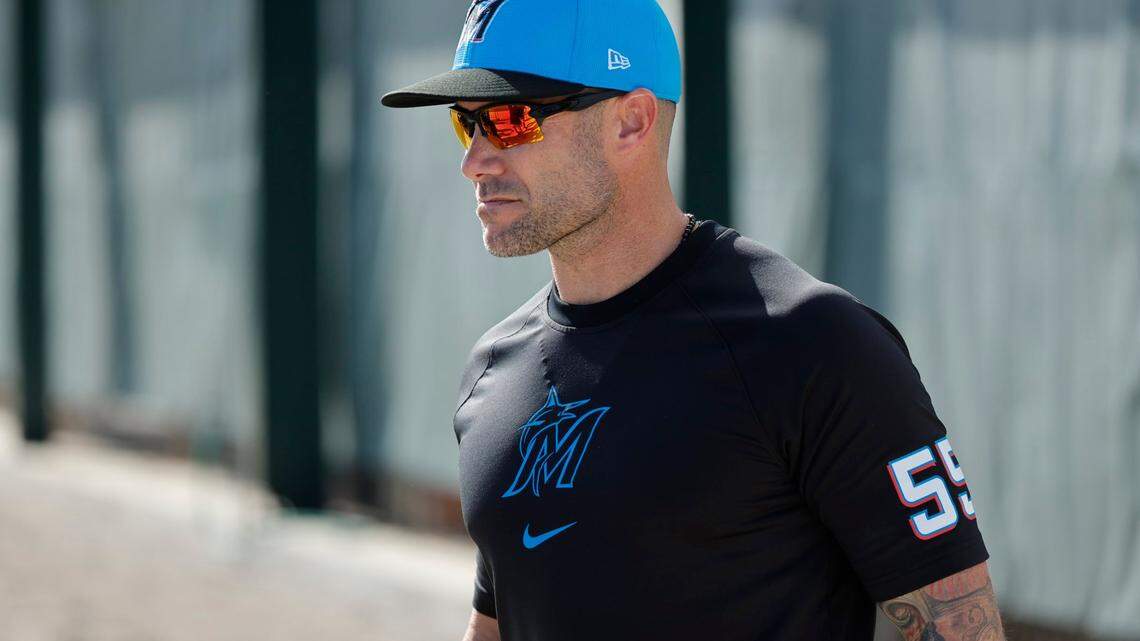 Miami Marlins manager Skip Schumaker joins the team on the field during Miami Marlins pitchers and catchers’ spring training workout at Roger Dean Chevrolet Stadium in Jupiter, Florida on Thursday, February 15, 2024.