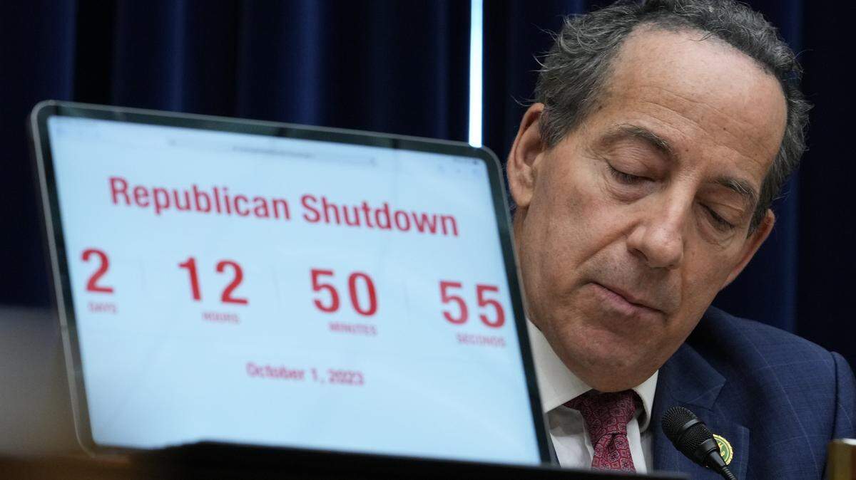  A “Republican Shutdown” countdown clock sits next to U.S. Rep. Jamie Raskin, D-Md. as the House Oversight committee holds a hearing on the basis for an impeachment inquiry of President Joseph R. Biden.