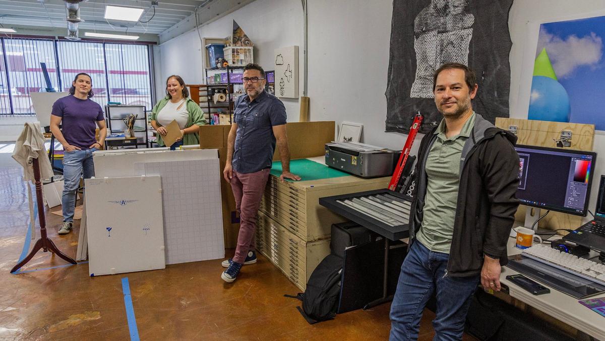Artists (l to r) JD Zuluaga, John Dominic Colon, Melina Tsalikis and Diego Alejandro Waisman at the Third Space Studios in Allapattah. The FIU graduates searched all around town to find a suitable space that would work for all of them. 