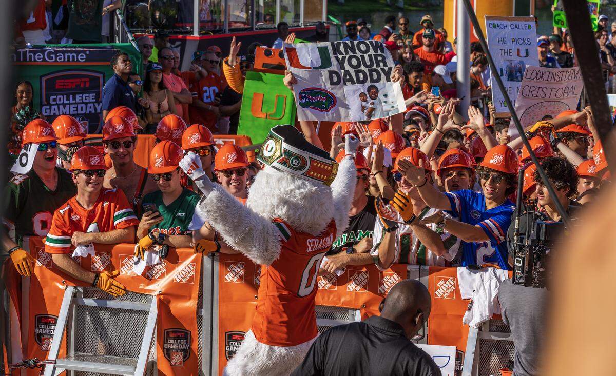 Sebastian the Mascot joined University of Miami Hurricanes fans gathering in Coral Gables during the ESPN’s College GameDay, live broadcasting, celebrating the Hurricanes ahead of their game against the Florida Gators, on Saturday September 20, 2025.
