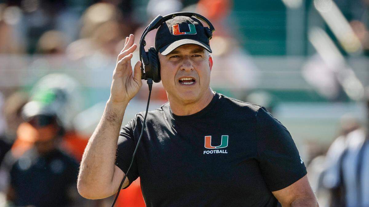 University of Miami coach Mario Cristobal leads the team during the Miami Hurricanes football spring game at Cobb Stadium on UM’s campus in Coral Gables, Florida on Saturday, April 12, 2025.
