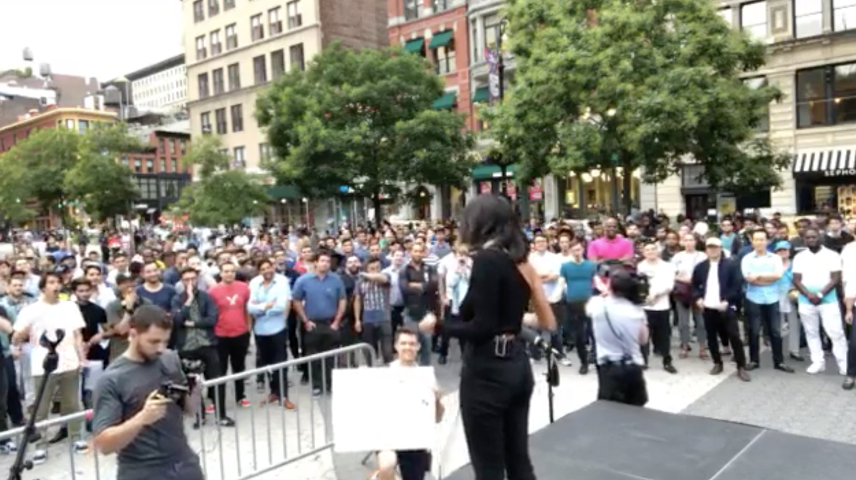 A woman identified as Natasha Aponte tricked dozens of men into going to Union Square in New York City for a date — then judged them and had them compete in a competition for going on a date alone with her.