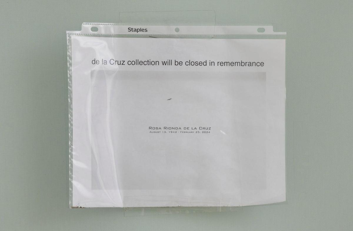 A sign announcing the closing of the de la Cruz Collection is seen outside of the private museum on Monday, April 8, 2024, in Miami, Florida. Works that were owned by Rosa de la Cruz will soon be on sale following her death in February.