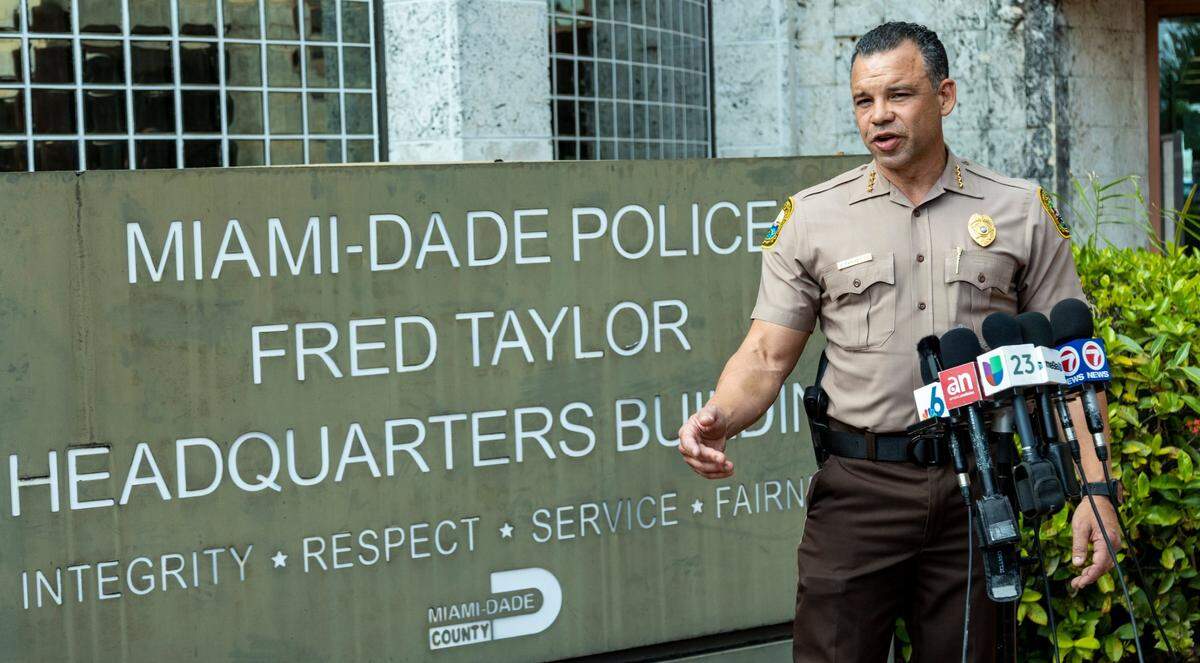 Director of the Miami-Dade Police Department, Alfredo Ramirez, speaks to reporters in front of the Miami-Dade Police Headquarters earlier this year.