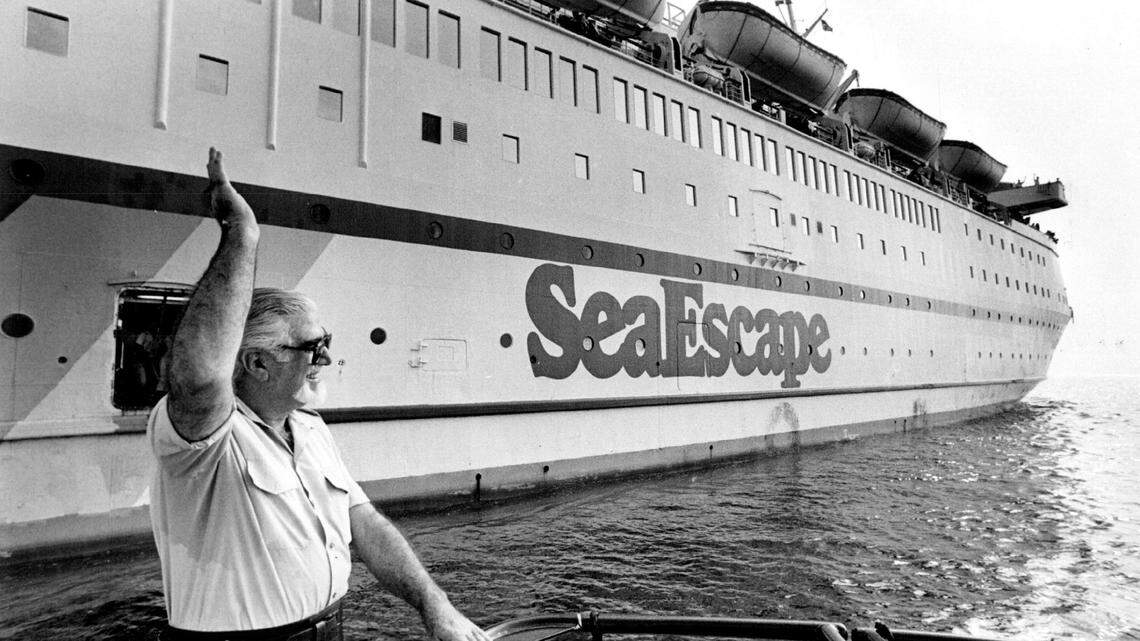 Harbor Pilot Dario Pedrajo Waves goodbye to the Sea Escape after piloting it out of Port of Miami in 1985.