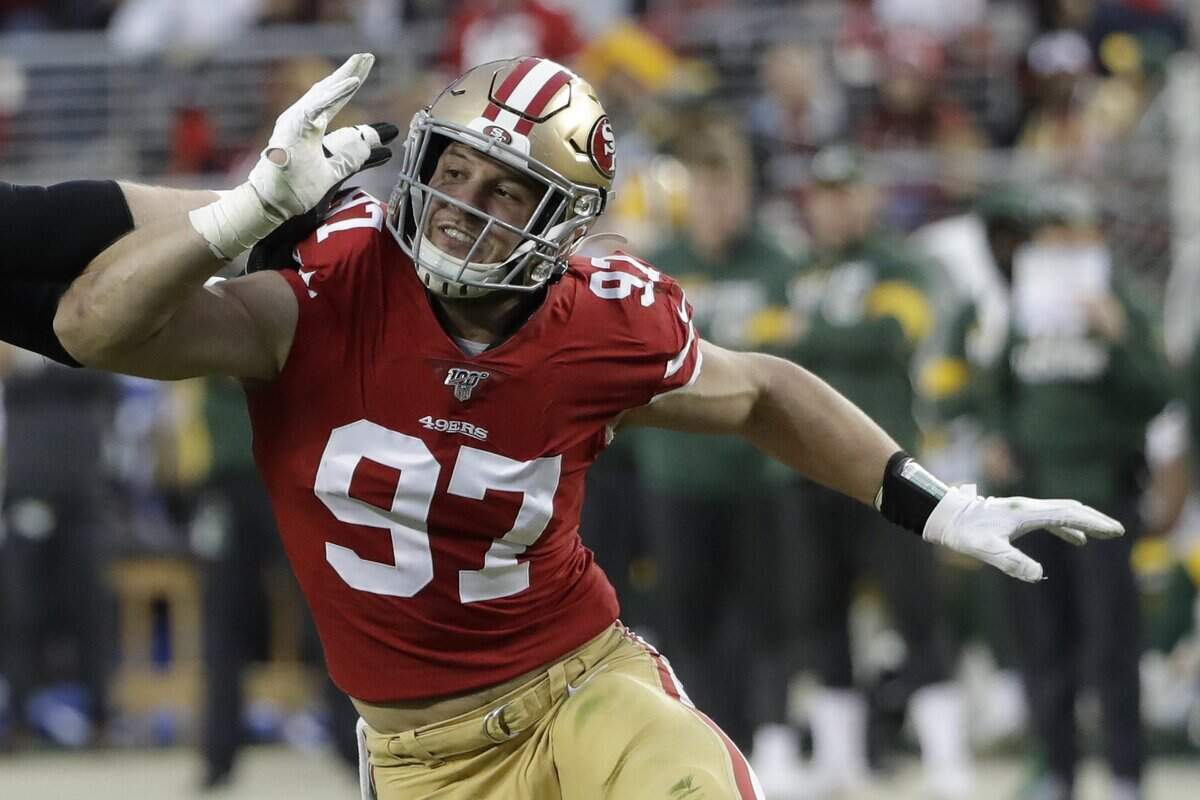 San Francisco 49ers defensive end Nick Bosa plays against the Green Bay Packers during the first half of the NFL NFC Championship football game Sunday, Jan. 19, 2020, in Santa Clara, Calif. (AP Photo/Marcio Jose Sanchez)