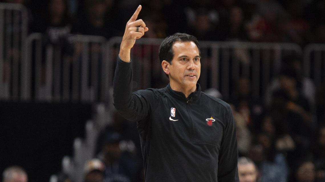 Miami Heat head coach Erik Spoelstra signals for a play review during the second half of an NBA basketball game against the Atlanta Hawks, Monday, Jan. 16, 2023, in Atlanta.