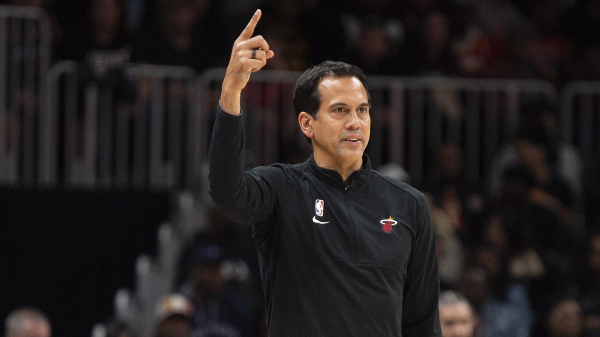 Miami Heat head coach Erik Spoelstra signals for a play review during the second half of an NBA basketball game against the Atlanta Hawks, Monday, Jan. 16, 2023, in Atlanta.
