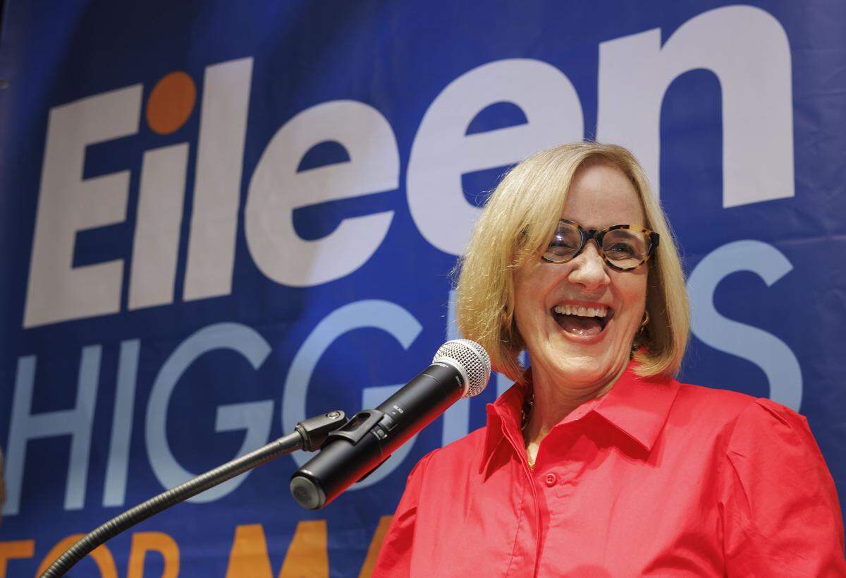 Eileen Higgins smiles onstage after winning the runoff race for Miami mayor on Tuesday, Dec. 9, 2025, at the Miami Women's Club. 