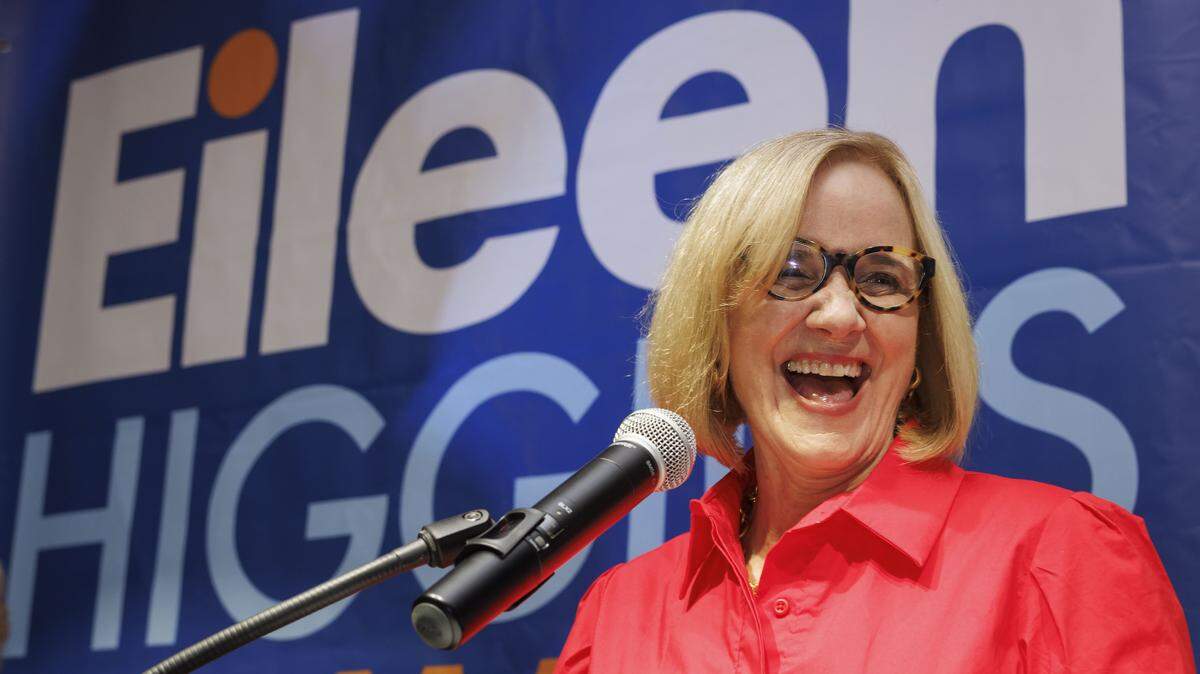 Mayor-elect Eileen Higgins, a Democrat and former Miami-Dade County commissioner smiles onstage after a landslide win in the runoff race for Miami mayor on Tuesday, Dec. 9, 2025.