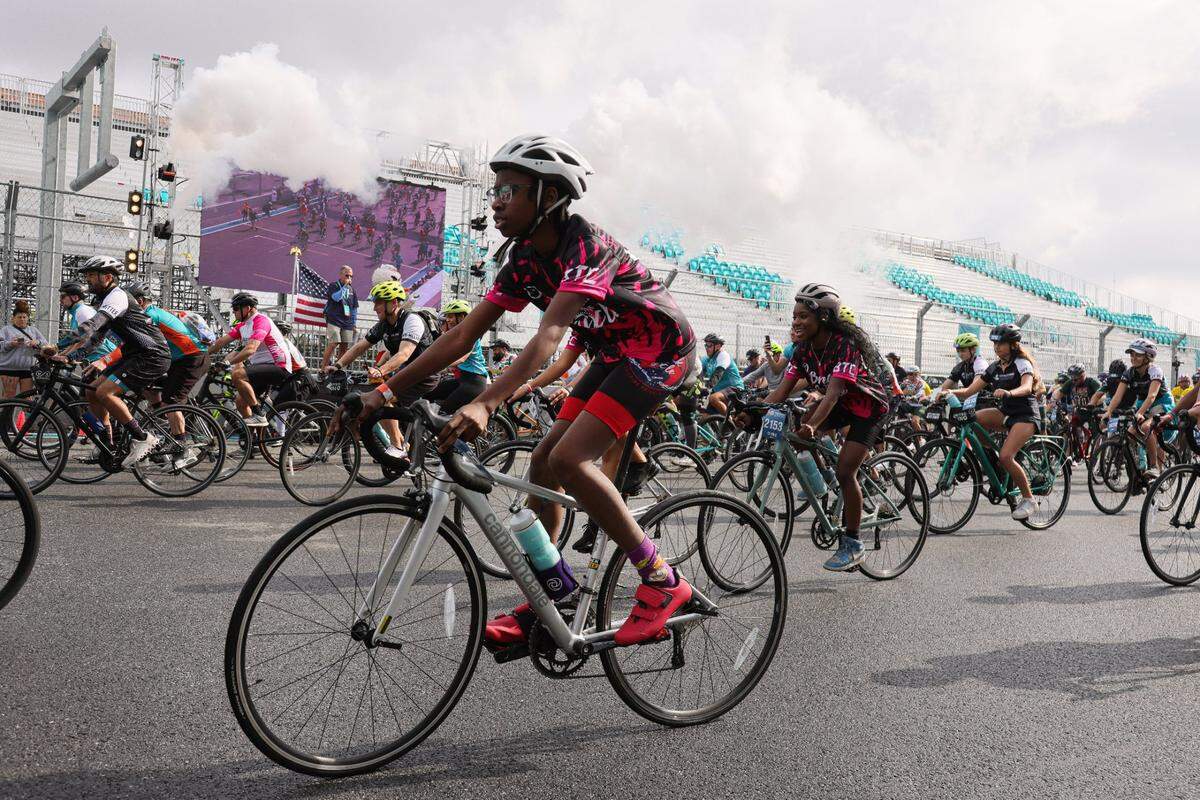 Cyclists participate in a 13-mile Dan Marino Ride during the Dolphins Challenge Cancer XIV event at Hard Rock Stadium in Miami Gardens, Florida, on Feb. 24, 2024. The DCC returns Feb. 28, 2026, for its 16th year.