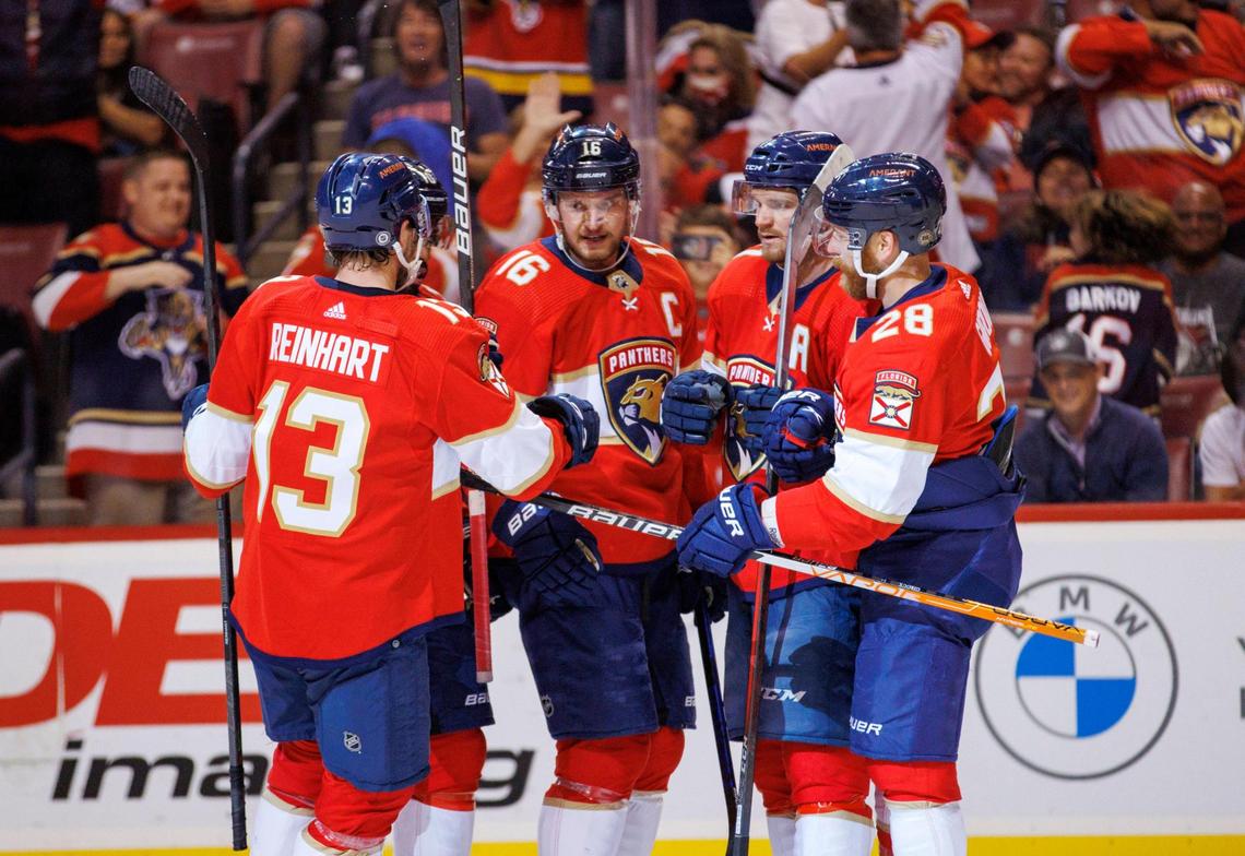Florida Panthers center Aleksander Barkov (16) celebrate with teammate after scoring during the first period of an NHL game against the Detroit Red Wings at the FLA Live Arena on Thursday, April 21, 2022 in Sunrise, Fl.