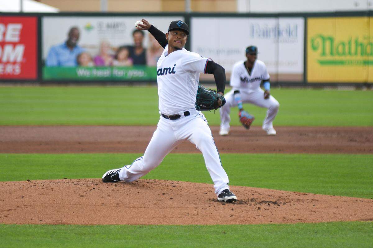 Miami Marlins pitcher Elieser Hernandez throws in a spring training intrasquad scrimmage on Saturday, March 20, 2021, at Roger Dean Chevrolet Stadium in Jupiter, Florida.