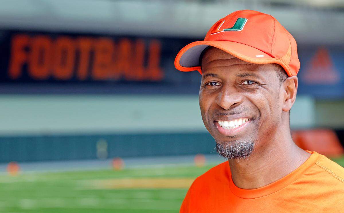 Miami Hurricanes wide receivers coach Kevin Beard arrives to speak to reporters after practice at the Carol Soffer Indoor Practice Facility on the University of Miami campus in Coral Gables on Thursday, March 30, 2023. 