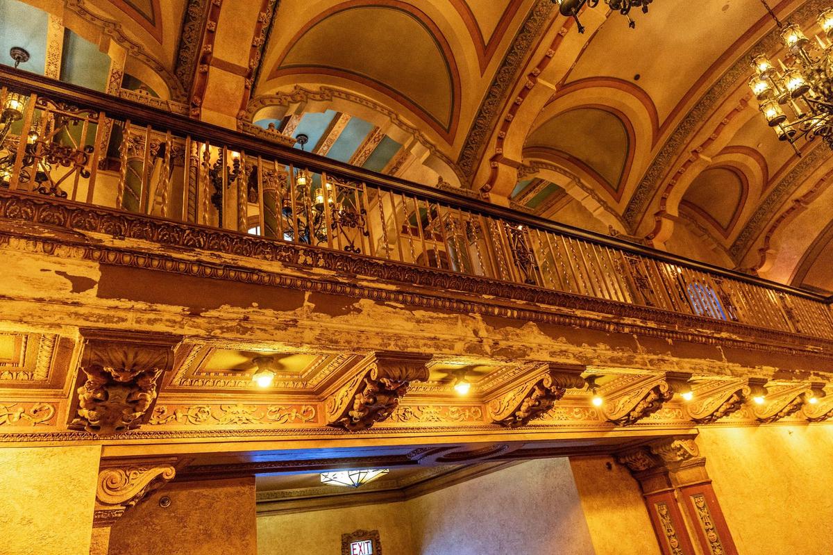 View of damages seen on the lobby’s balcony inside the Olympia Theater during a meeting hosted by the city of Miami to discuss the proposed sale of the entire building on Wednesday, July 16, 2025.