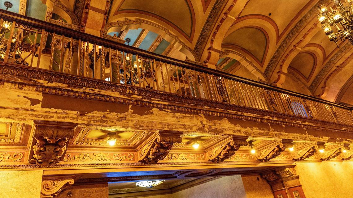 View of interior damage seen on the lobby’s balcony inside the Olympia Theater at the Gusman Center for the Performing Arts on Wednesday, July 16, 2025.