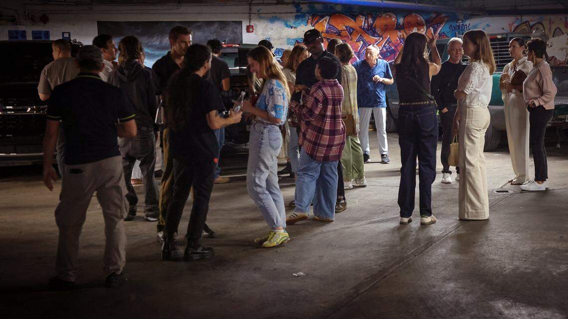 ICA cohorts gather at the underground parking garage for a tour of the Tunnel Projects, a multifaceted art space dedicated to supporting local artists on Saturday, April 11, 2026, in Little Havana, Miami, Florida.