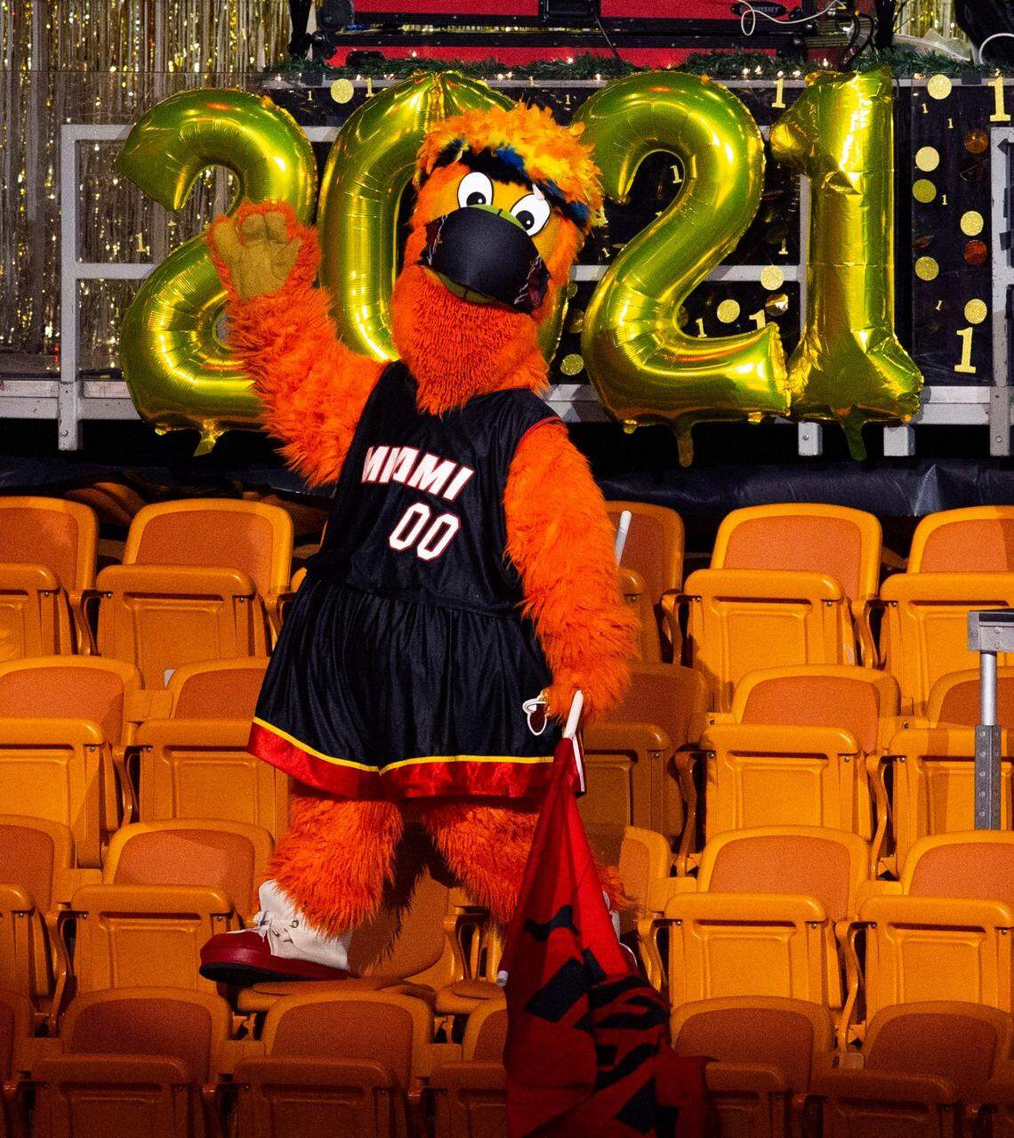 Miami Heat mascot Burnie showing hes support before the start of a NBA basketball game against the Milwaukee Bucks at the AmericanAirlines Arena on Tuesday, December 29, 2020.