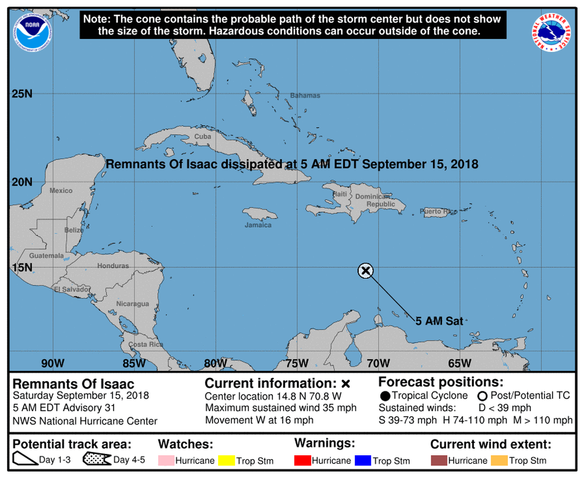 Once a hurricane named Isaac, the depression is now “dissipated” in the Caribbean according to the National Hurricane Center on Sept. 15, 2018.