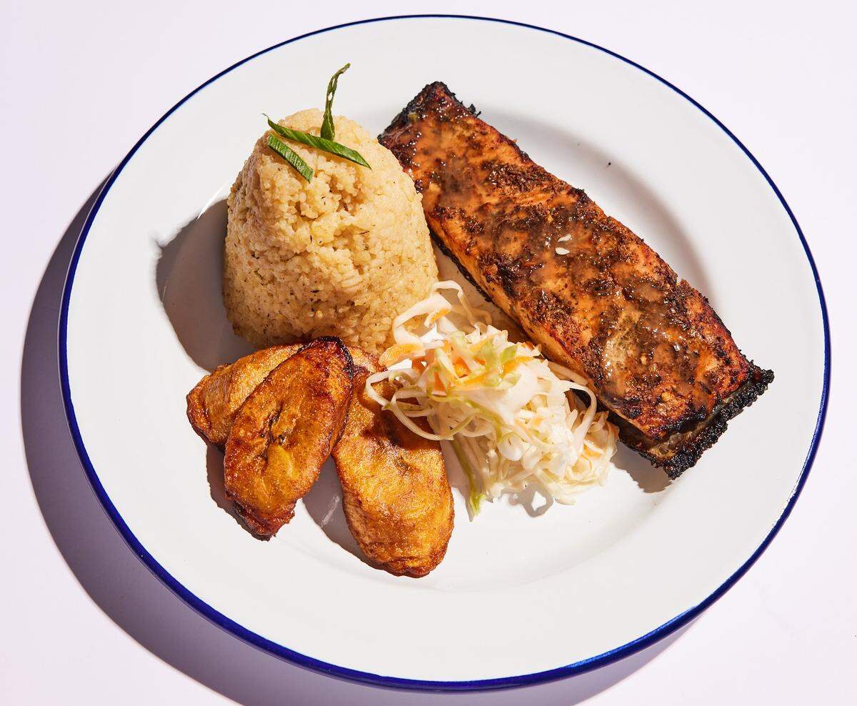 Jerk salmon is on the menu at Clyde’s Caribbean (as are jerk chicken and jerk chicken hash).
