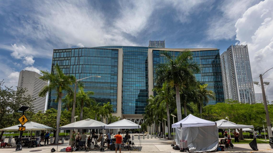 Media tents have been set up outside the Federal Courthouse in Miami as a grand jury gathers evidence related to the possible mishandling of classified documents by former President Donald J. Trump.
