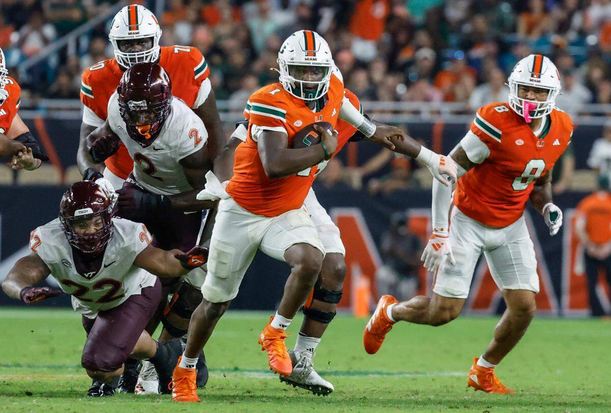 during the second half of an ACC conference football game at Hard Rock Stadium on Friday, September 27, 2024, in Miami Gardens, Fla.