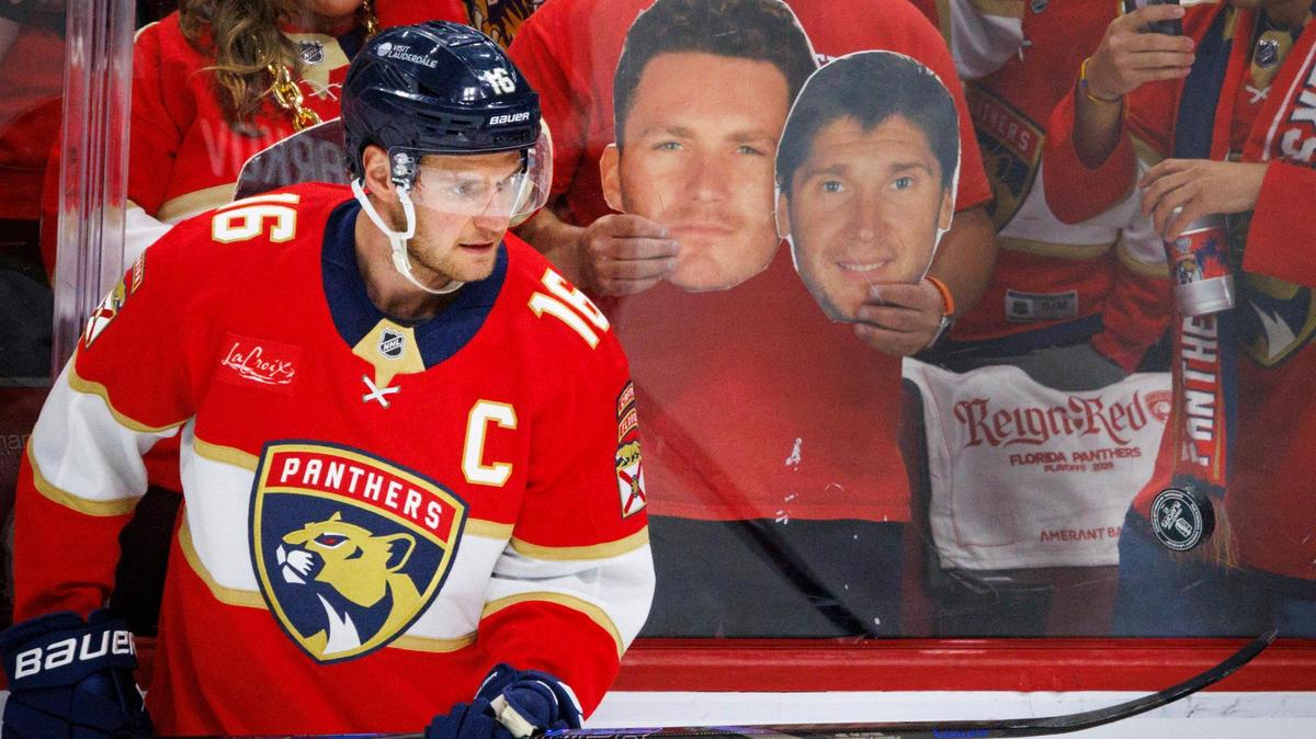 Florida Panthers center Aleksander Barkov (16) warms up ahead of Game 3 of the first-round Stanley Cup playoff series against the Tampa Bay Lightning on Saturday, April 26, 2025, at Amerant Bank Arena in Sunrise, Fla.