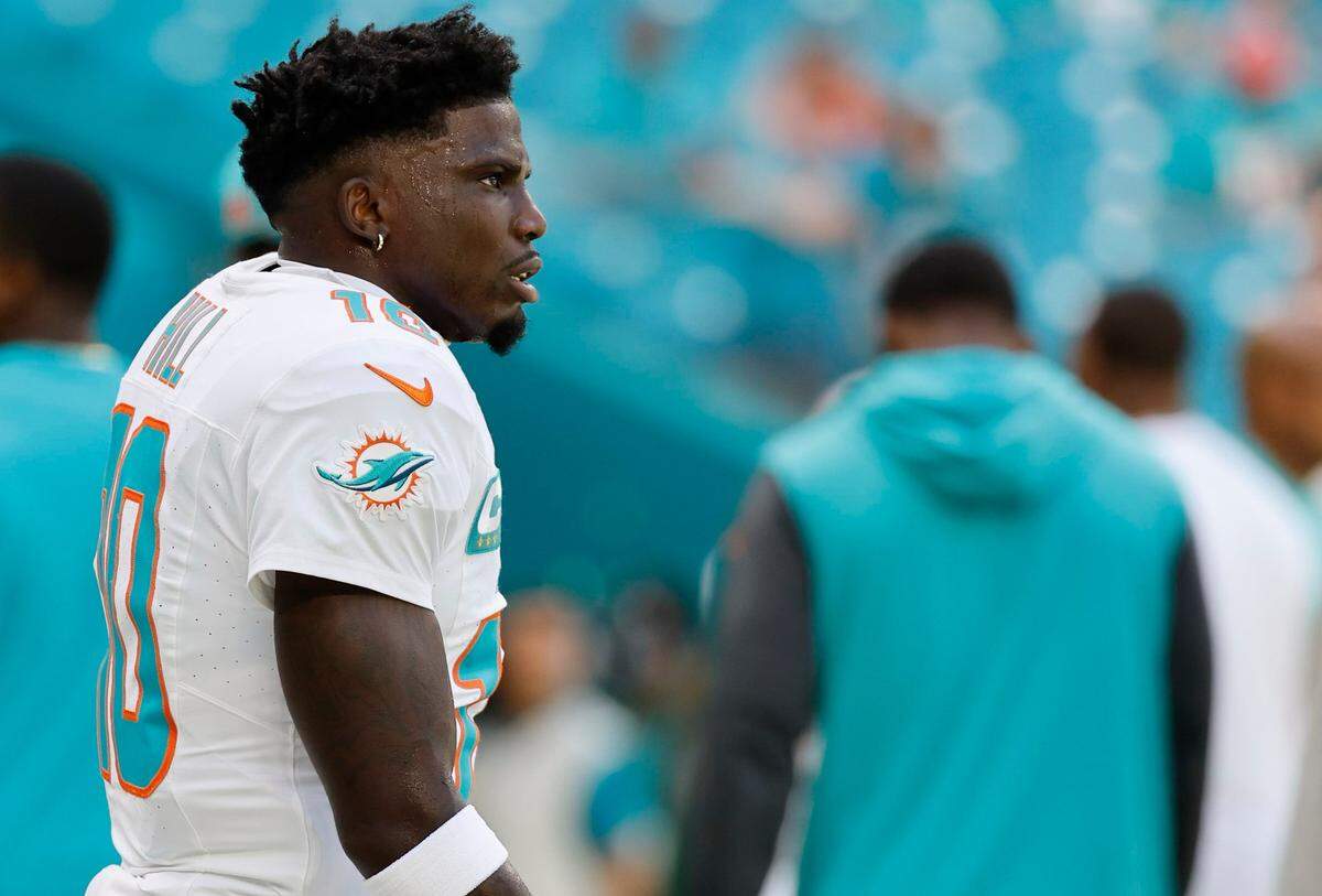Miami Dolphins wide receiver Tyreek Hill looks on before the start ofthe season opener against the Jacksonville Jaguars.