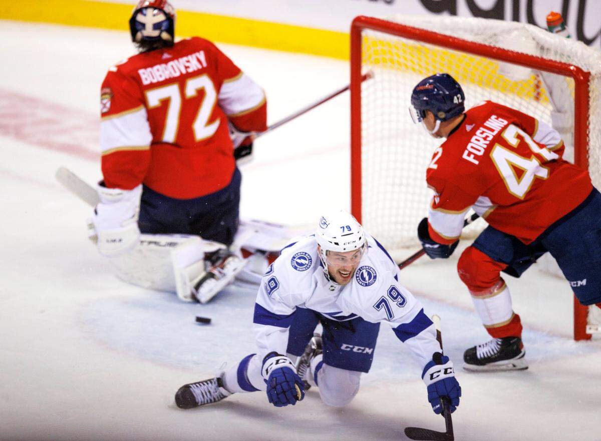 Tampa Bay Lightning center Ross Colton (79) celebrates after scoring the winning goal against the Florida Panthers goaltender Sergei Bobrovsky (72) during the third period of Game 2 of a second round NHL Stanley Cup series at FLA Live Arena on Thursday, May 19, 2022 in Sunrise, Fl.