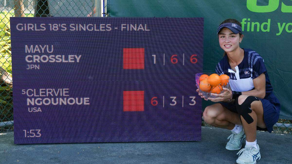 December 11, 2022 – Mayu Crossley, the 18 and Under Champion poses with the trophy at the Orange Bowl International Tennis Championships at the Veltri Tennis Center in Plantation, Florida.