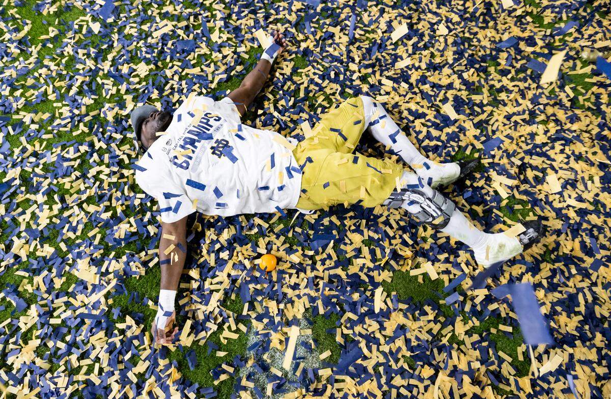 Notre Dame Fighting Irish running back Jeremiyah Love (4) reacts after defeating the Penn State Nittany Lions in their NCAA Playoff Semifinal Capital One Orange Bowl football game at Hard Rock Stadium on Thursday, Jan. 9, 2025, in Miami Gardens, Fla.