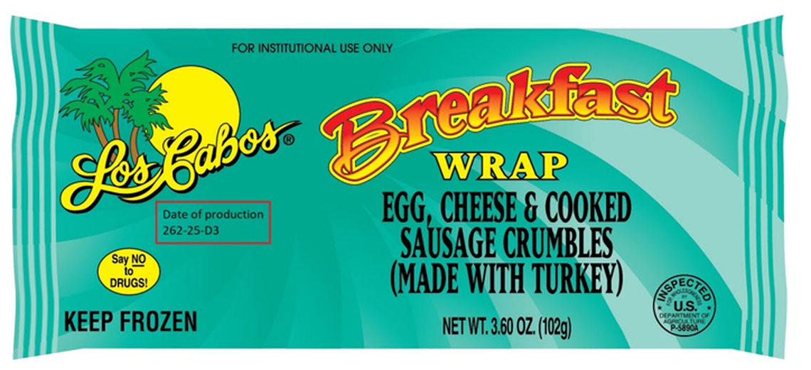 Los Cabos Egg, Cheese & Cooked Sausage Crumbles (Made with Turkey) Breakfast Wrap.