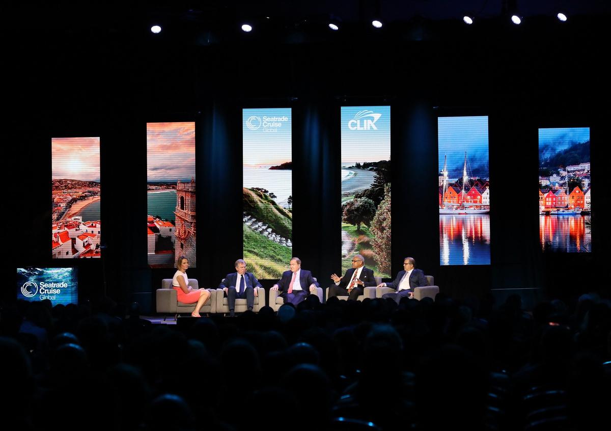 From left, BBC World News broadcast journalist Lucy Hockings moderates the panel of industry executives: Pierfrancesco Vago, Executive Chairman, MSC Cruises, Richard Fain, Chairman & CEO, Royal Caribbean Cruises Ltd, Arnold Donald, President & CEO, Carnival Corporation, and Frank Del Rio, President & CEO, Norwegian Cruise Line Holdings, at the Miami Beach Convention Center on Tuesday, April 9, 2019.