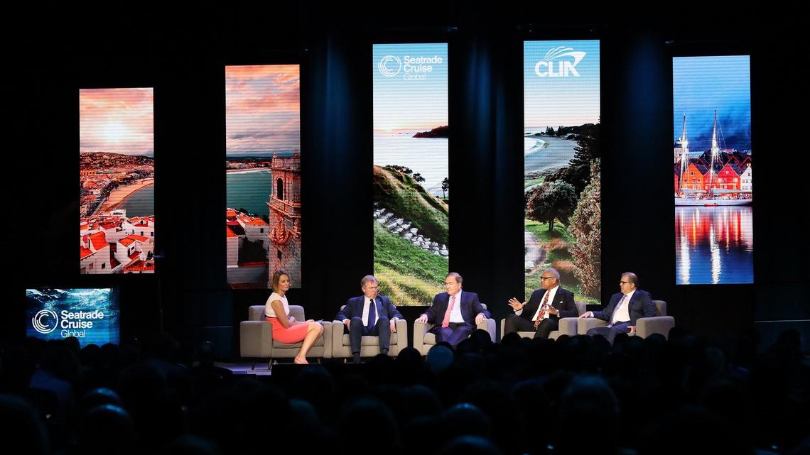 From left, BBC World News broadcast journalist Lucy Hockings moderates the panel of industry executives: Pierfrancesco Vago, Executive Chairman, MSC Cruises, Richard Fain, Chairman & CEO, Royal Caribbean Cruises Ltd, Arnold Donald, President & CEO, Carnival Corporation, and Frank Del Rio, President & CEO, Norwegian Cruise Line Holdings, at the Miami Beach Convention Center on Tuesday, April 9, 2019.