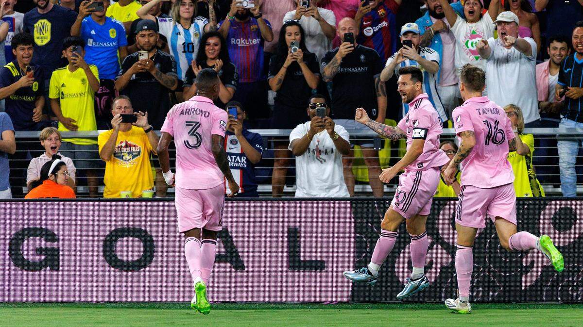 Inter Miami forward Lionel Messi celebrates with teammates Dixon Arroyo and Robert Taylor after scoring a goal against Nashville SC during the first half of their Leagues Cup final match at GEODIS Park on Saturday, Aug. 19, 2023, in Nashville, Tenn.