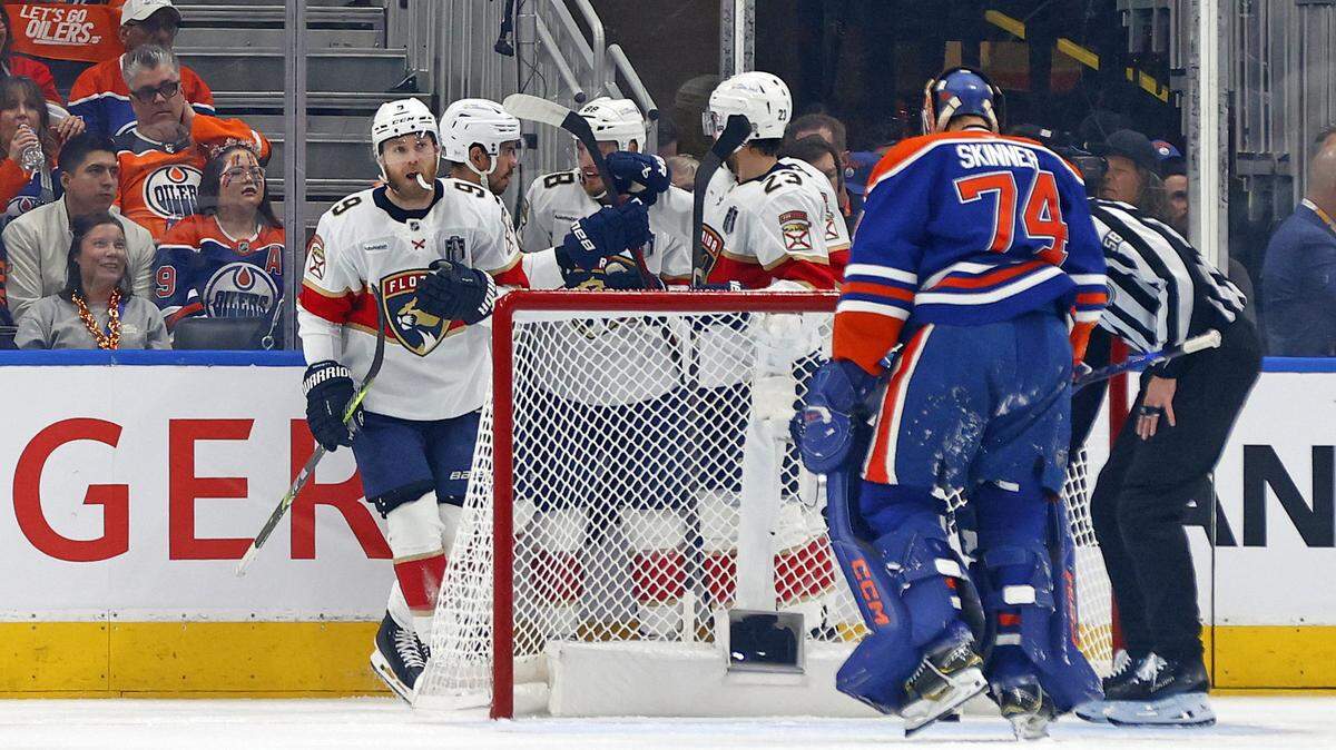 Jun 6, 2025; Edmonton, Alberta, CAN; Florida Panthers center Sam Bennett (9) reacts with teammates after scoring a goal against the Edmonton Oilers during the first period in game two of the 2025 Stanley Cup Final at Rogers Place.