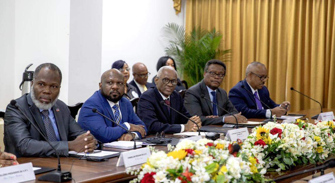 Haiti’s Transitional Presidential Council was formalized by an April 3, 2024 political agreement and has had a rocky start. In this photo, from left to right, Pastor Frinel Joseph, one of two non-voting observers; Smith Augustin, a former ambassador; Edgard Leblanc Fils, the current president of the council; Fritz Alphonse Jean, former director of the Central Bank and briefly a prime minister; and Louis Gérald Gilles, a physician and former senator. Augustin and Gilles are among three counselors accused in a bank bribery scandal