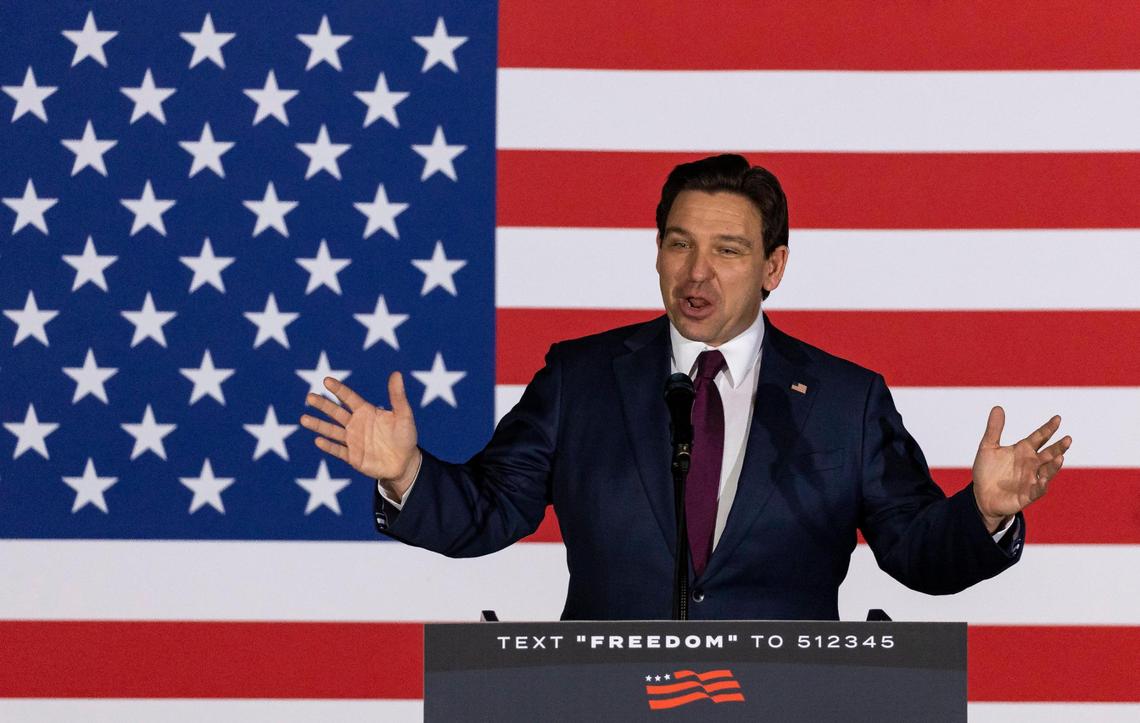 Florida Governor Ron DeSantis speaks to supporters during his caucus watch party at the Sheraton West Des Moines Hotel on Monday, Jan. 15, 2024, in West Des Moines, Iowa.