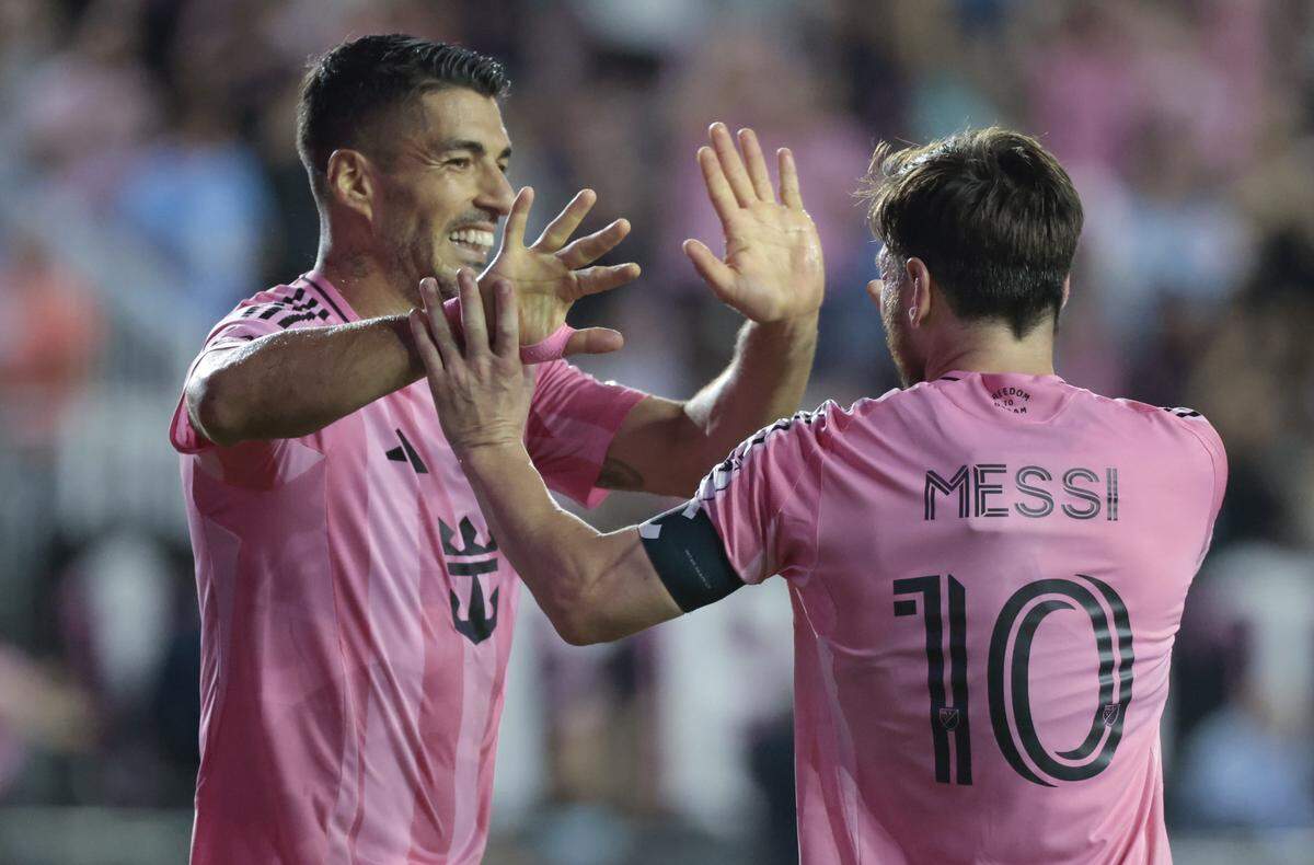 Inter Miami forward Lionel Messi (10) celebrates his score with forward Luis Suárez (9) in the second half against the Atlanta United at Chase Stadium, Fort Lauderdale, FL, on Saturday, October 11, 2025.