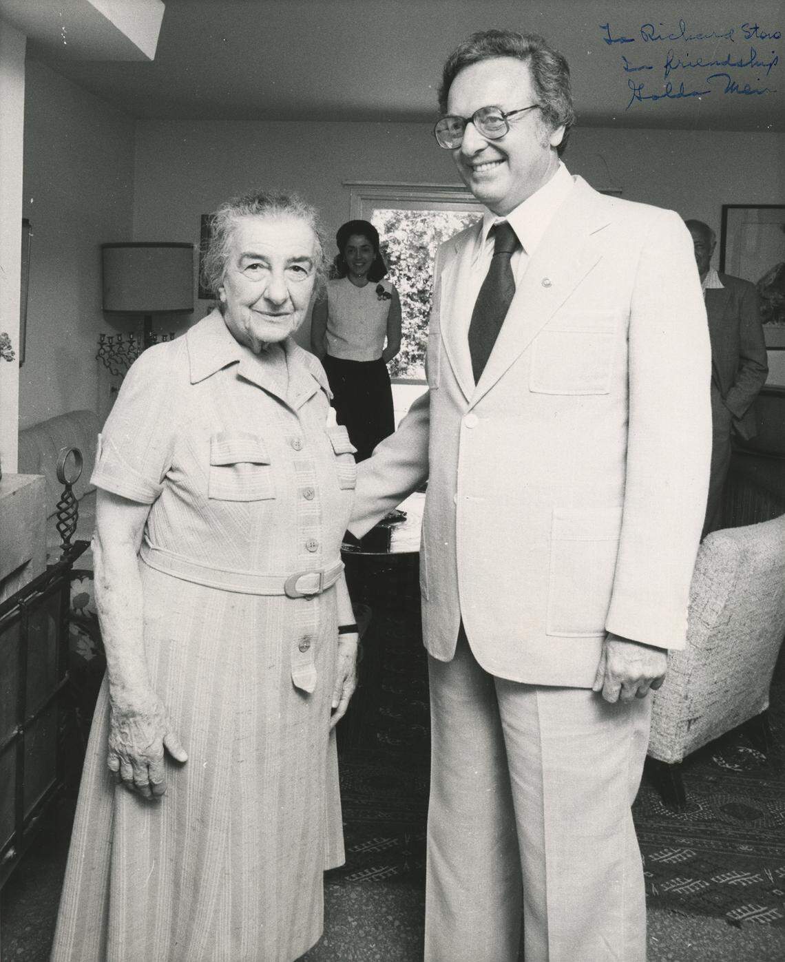 Richard Stone with former Prime Minister of Israel Golda Meir in 1977. The visit came on the heels of Menachem Begin’s election as Israel’s new prime minister, and was a precursor to the 1978 Camp David Accords. Stone was a member of the U.S. Senate Foreign Relations Committee.